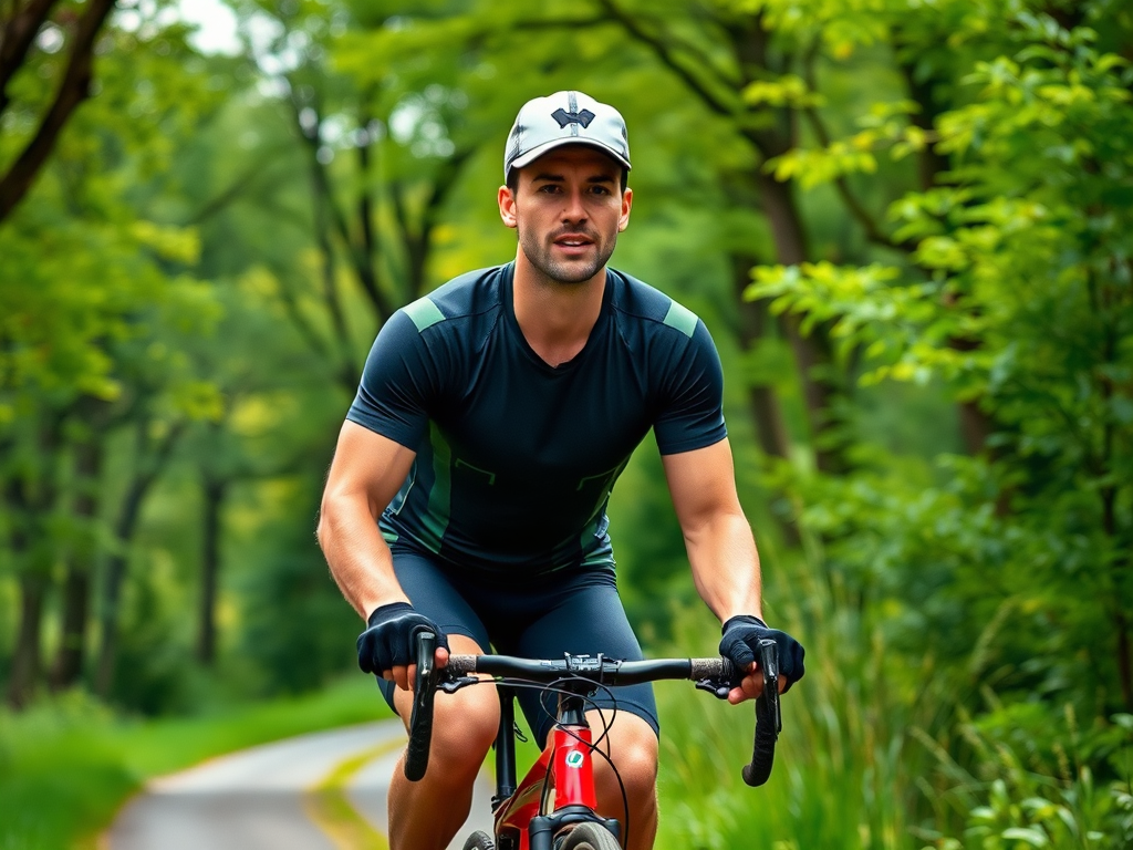 Mężczyzna w sportowym stroju jazdy na rowerze na malowniczej, zielonej ścieżce w otoczeniu drzew.