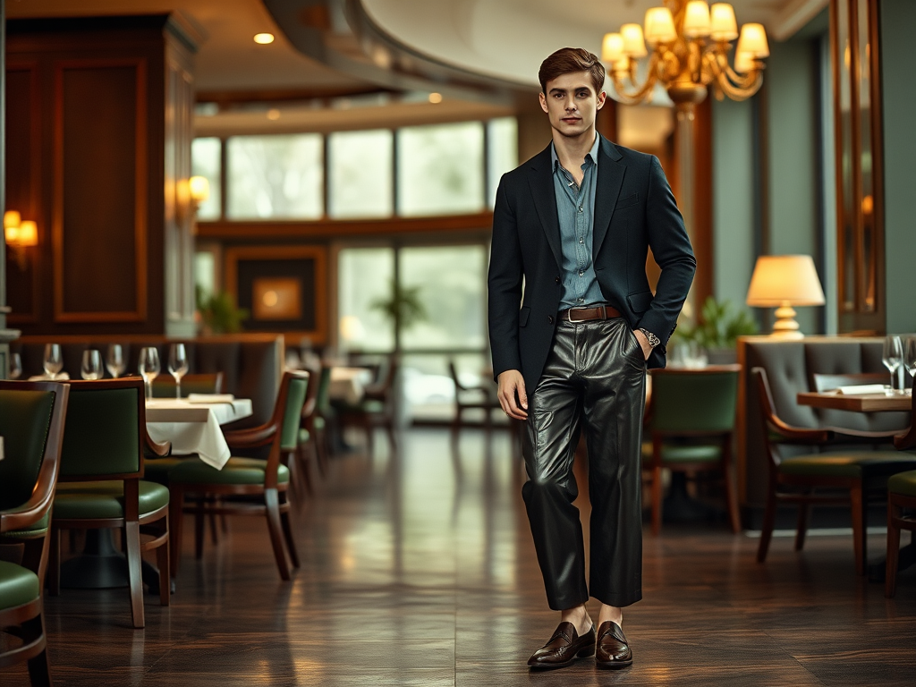 Mężczyzna w eleganckim stroju spaceruje po restauracji z dużymi oknami i stylowym wnętrzem.