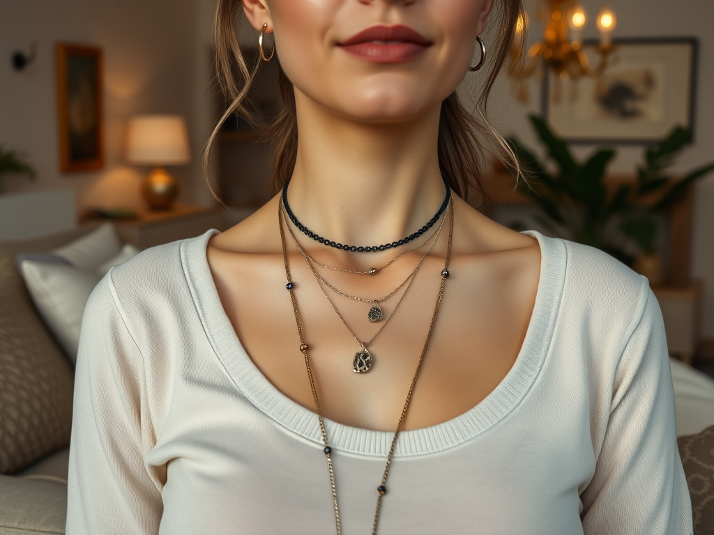 Kobieta w jasnej bluzce z biżuterią na szyi, w tle elegancka, przytulna aranżacja wnętrza.