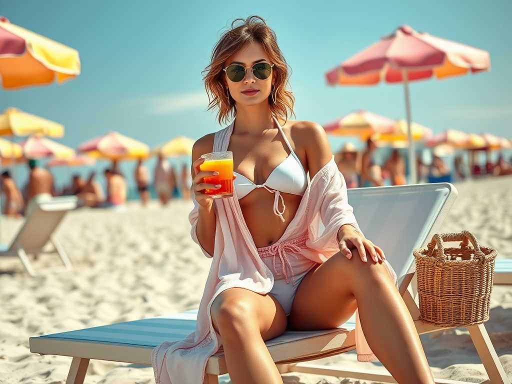 Kobieta w bikini siedzi na leżaku plażowym z sokiem owocowym, w tle plaża i kolorowe parasole.