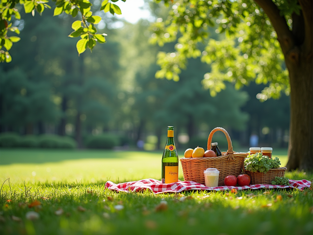 Piknikowy koszyk z jedzeniem i napojami na kraciastej narzucie w parku, w tle zielone drzewa.