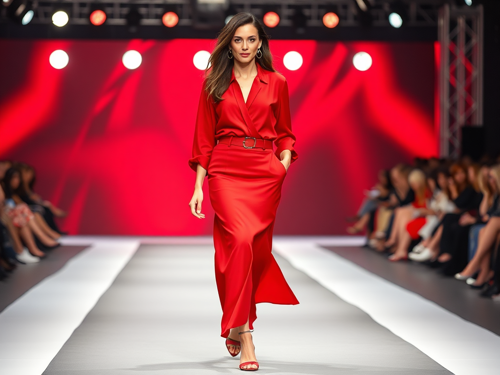 Modelka w czerwonej sukni midi idzie po wybiegu z czerwonym tłem i publicznością w eleganckich strojach.