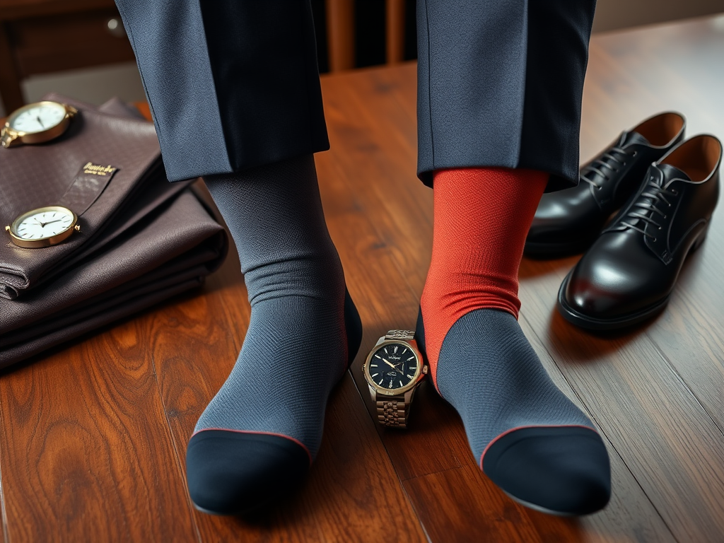 Kolorowe skarpetki, eleganckie buty i zegarek na stół w stylowym wnętrzu.